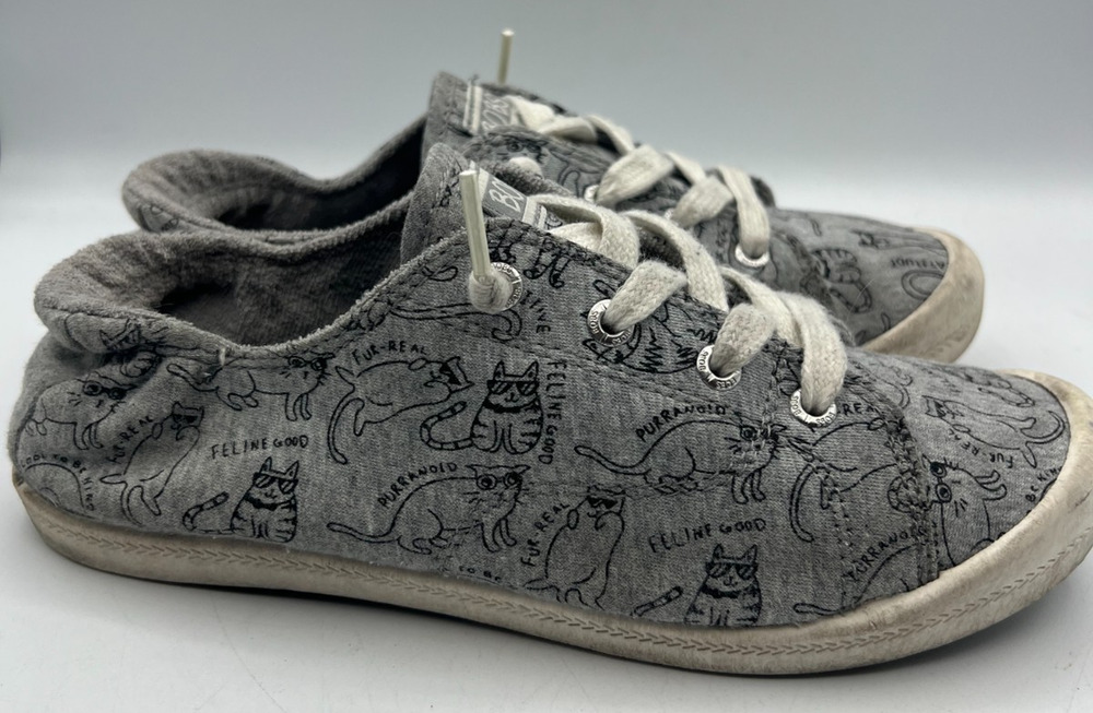 Skechers BOBS Womens 7.5 Gray Cat Print Memory Foam Lace Up Casual Sneakers